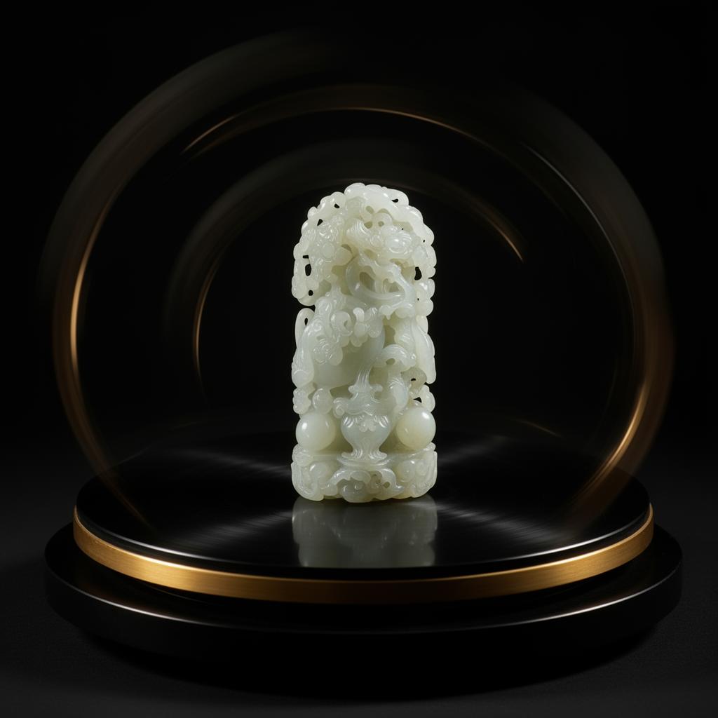 An ornate carved jade sculpture rotating on a glossy black turntable, captured as a 360-degree composite