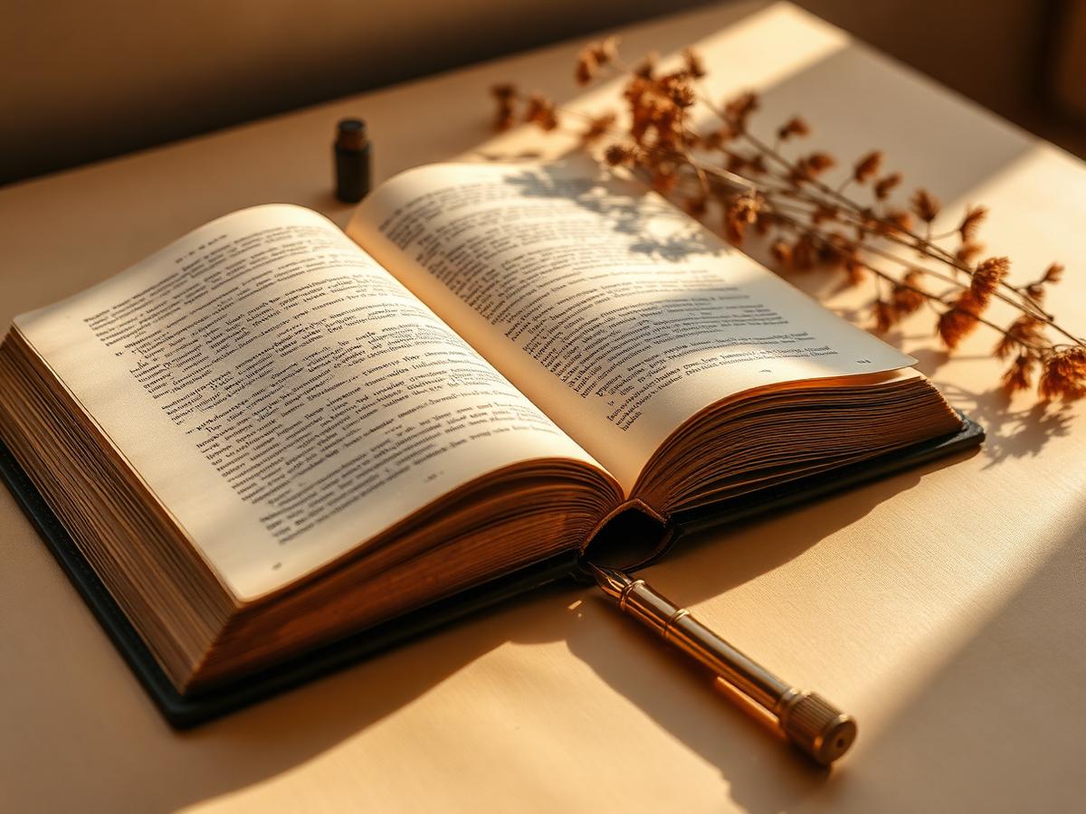 An open linen-bound journal in warm afternoon light